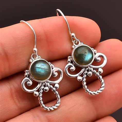 Labradorite Round Gemstone Jewelry Sterling Silver Dangle Earrings