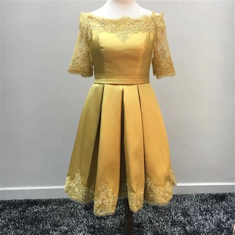 fashion gold lace embroidery sheer half sleeve satin sexy robe de cocktail dresses short prom