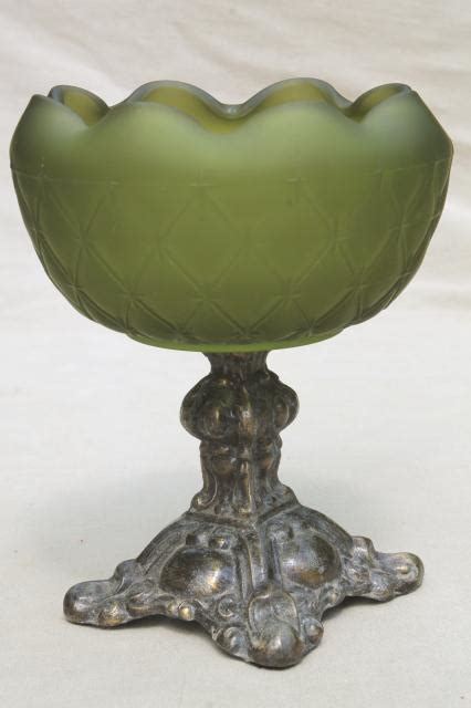 vintage flower bowl green satin frosted glass bowl w ornate gold metal pedestal stand