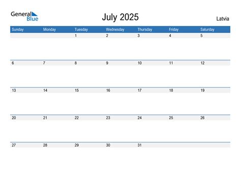 July 2025 Calendar With Latvia Holidays