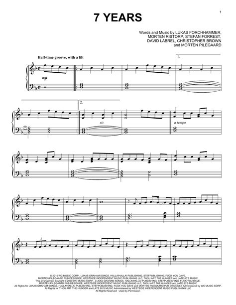 7 Years Sheet Music Lukas Graham Piano Solo