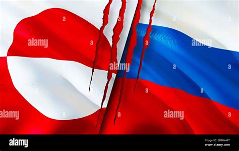 Greenland And Russia Flags With Scar Concept Waving Flag3d Rendering