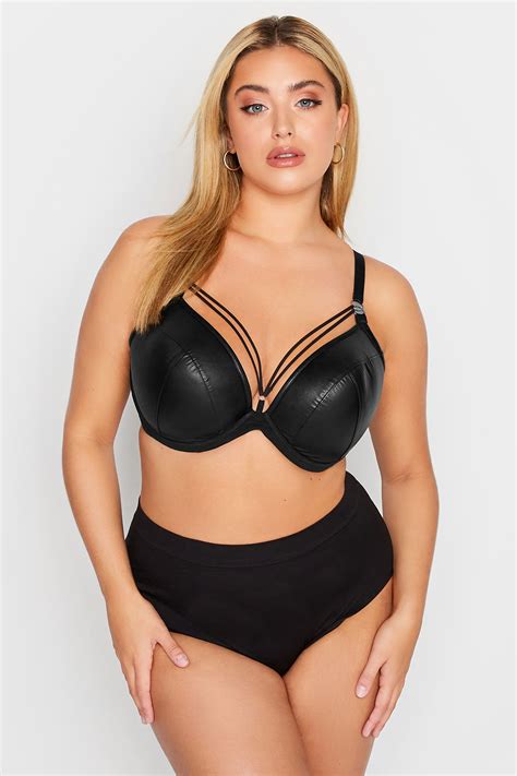 Plus Size Black Faux Leather Strap Detail Padded Underwired Plunge Bra Yours Clothing