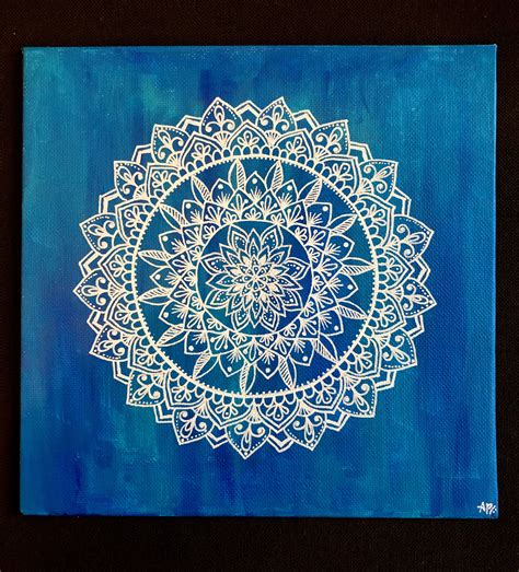 Mandala Art On Canvas Acrylic Art White Mandala On Blue Background