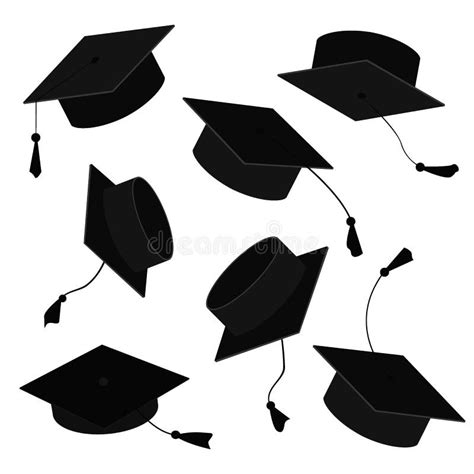 Graduate Caps In The Air Vector Cartoon Illustration Of Grad Hats In