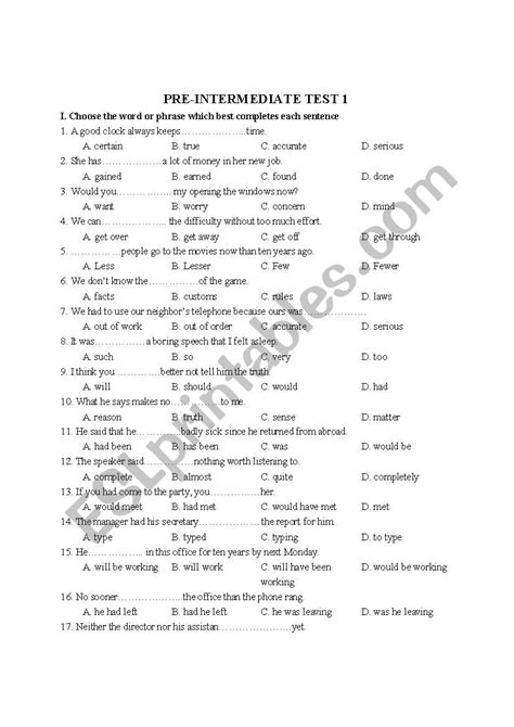 Pre Intermediate Level Test Esl Worksheet By Mistic24 Images