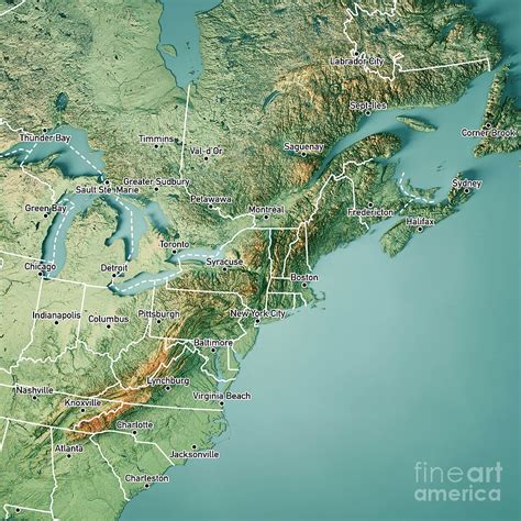 North East Usa Nova Scotia 3d Render Topographic Map Color Borde