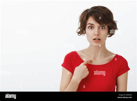 Shocked Stunned Intense European Woman Short Haircut Pointing Herself Index Finger Indicated