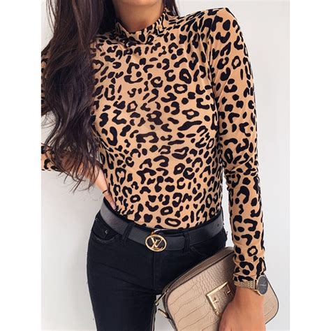 combhasaki sexy women leopard printed floral long sleeve high turtleneck tops casual basic t