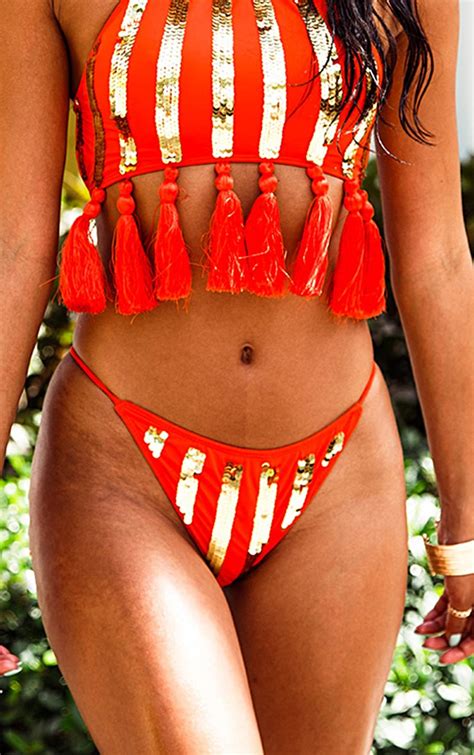 Orange Striped Sequin Bikini Bottom Prettylittlething
