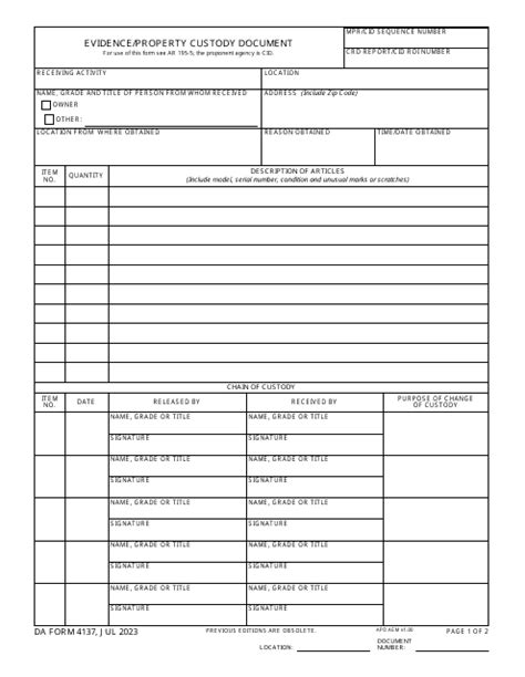 Da Form 4137 Download Fillable Pdf Or Fill Online Evidenceproperty