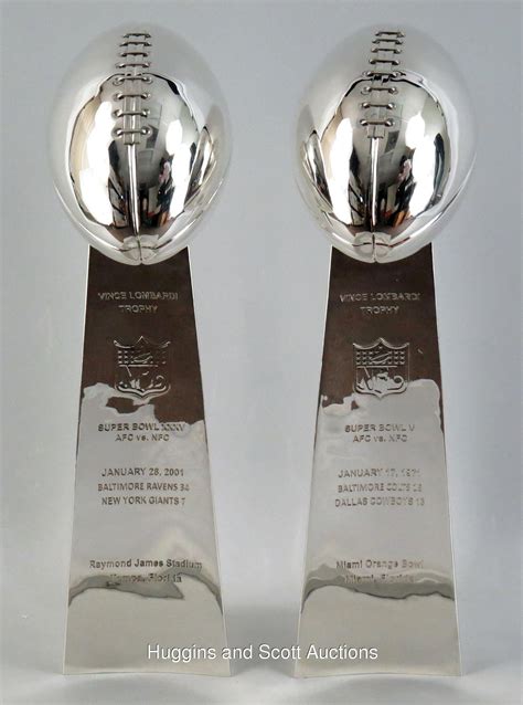 (2) Lombardi Trophy Silver Plated Replicas with Super Bowl V Colts/Cowboys & Super Bowl XXXV 