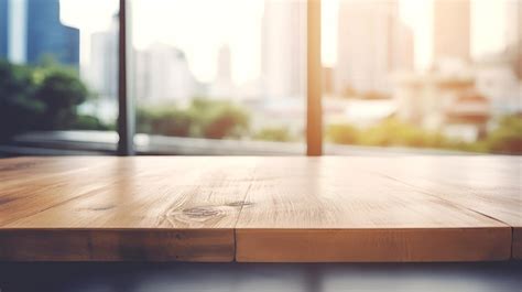 Premium Ai Image Wood Table Top On Blur Glass Window Wall Building