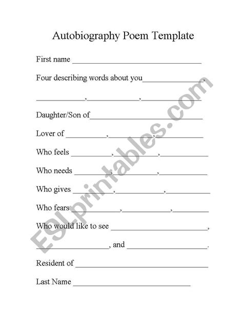 English Worksheets Autobiography Poem Template