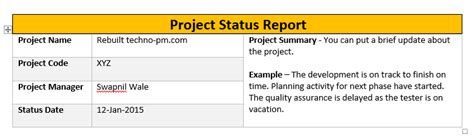 One Page Project Status Report Template A Weekly Status Report Free
