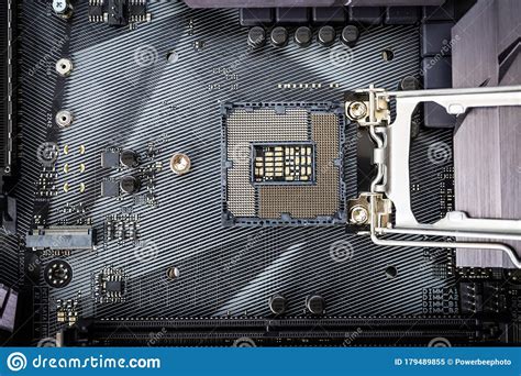 Closeup Detail Of Cpu Socket Of A Modern Computer Black Motherboard