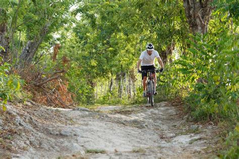 Front View Of The Cyclist Is Riding On Mountain Bike On Rocks Trail In