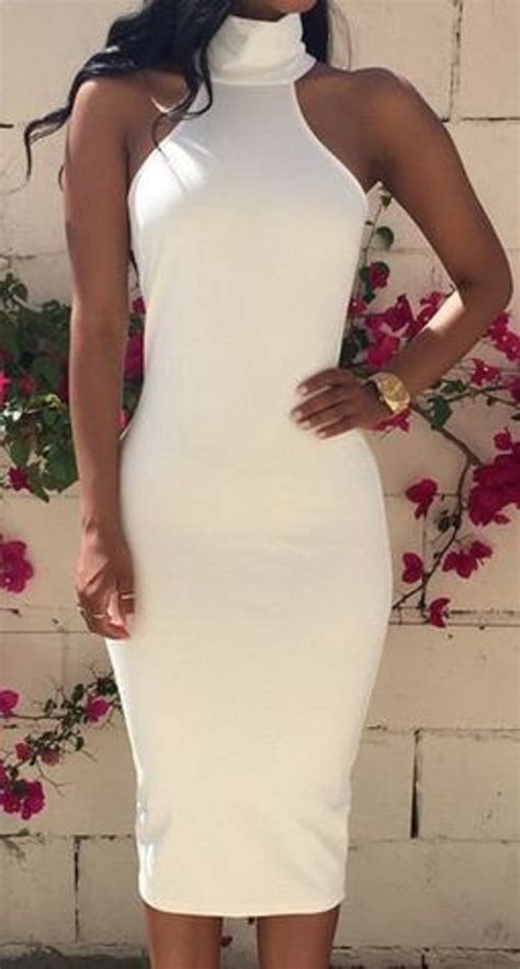 Gorgeous Turtleneck Back Hole Bodycon White Dress For Women White