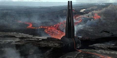 The doors open and darth vader walks down the platform]. Darth Vader's castle on the volcanic planet of Mustafar ...