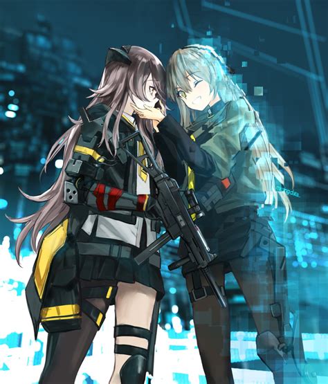 Safebooru 2girls Assault Rifle Bangs Black Jacket Black Legwear