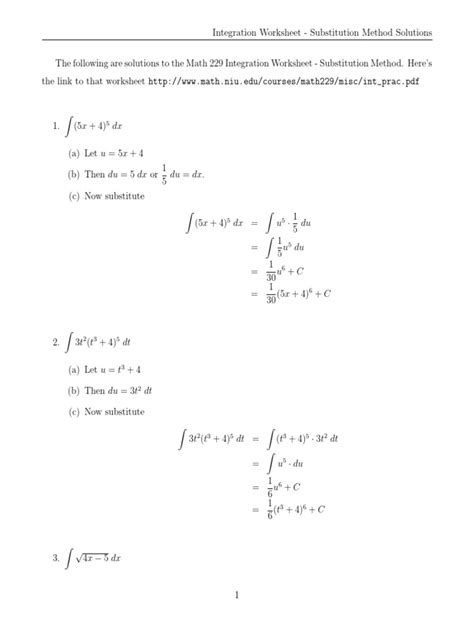 Integration Substitution Worksheet Solns Mathematical Relations Area