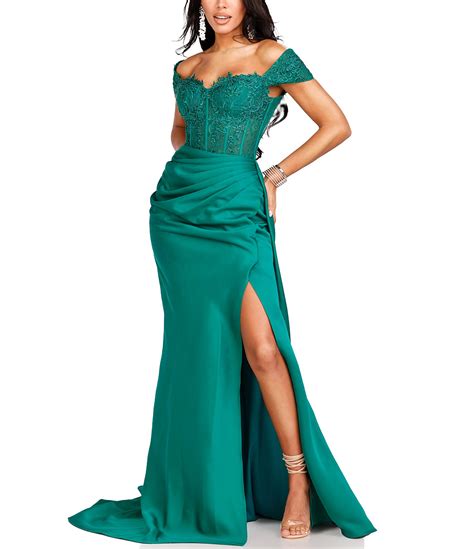 Glamour By Terani Couture Off The Shoulder Corset Side Slit Gown Dillard S