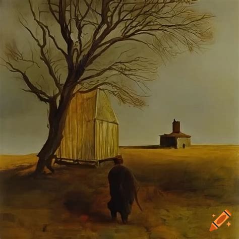 Realistic Andrew Wyeth Style Landscape With A Farmer Tending To His