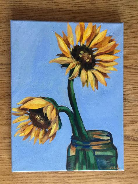 Two Sunflowers In A Vase Acrylic Painting With A Blue Background