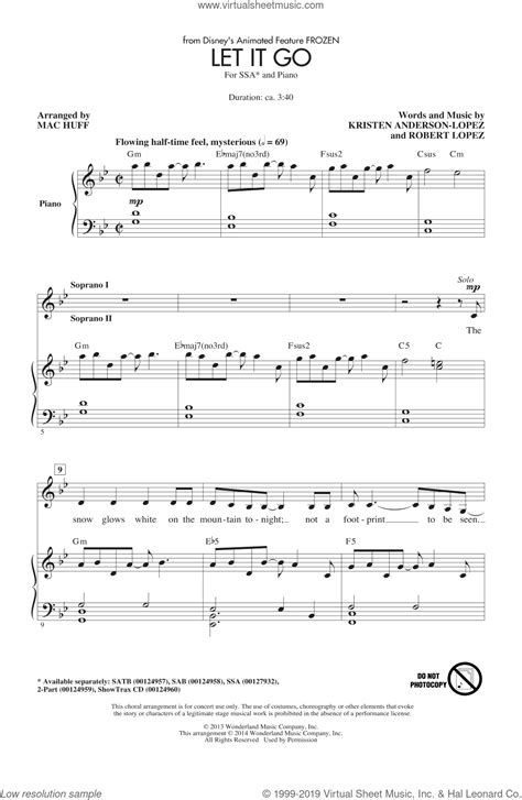 Free sheet music preview of let it go (from frozen) for piano solo (big note book) by demi lovato. Lopez - Let It Go (from Frozen) sheet music for choir (SSA: soprano, alto)