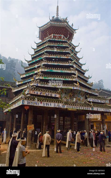 Traditional Dong Chinese Funeral Ceremony Under A Drumtower Zhaoxing