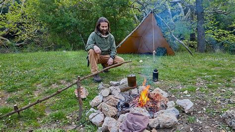 Solo Bushcraft Overnight Camping In A Blooming Forest Landscape Open