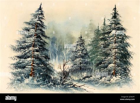 Tiny House In A Winter Night Forest Hand Painting Winter Pines