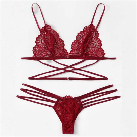 Buy Sexy Three Point Strap Womens Sexy Lingerie Set Lace Embroidery Hollow Bra Elastic Thong