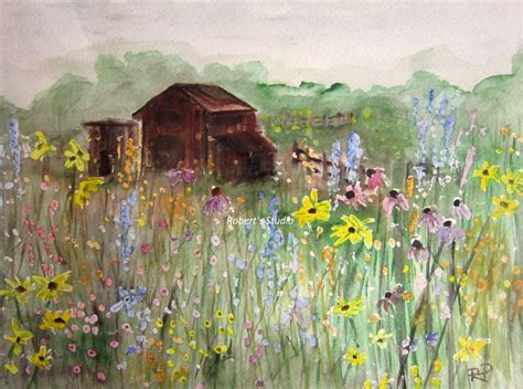 Splattered poppy field painting shared on summer of color: Field Of Flowers Print of Original Watercolor Painting barn