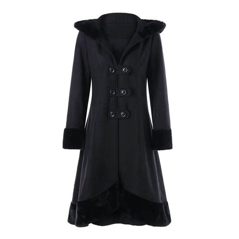 Gothic Women Winter Coat Long Black Wool Blend Double Breasted Fur