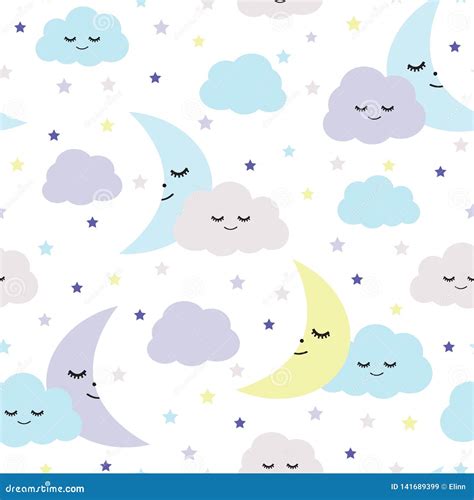 Seamless Sleeping Moons Clouds And Stars Pattern Vector Illustration
