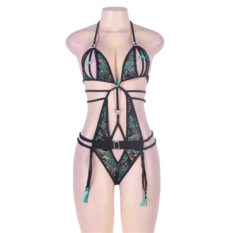 80261 peacock green teddy with garter and stocking sexy lingerie women hollow out lace bodysuit