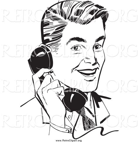 Clipart Of A Retro Black And White Handsome Businessman Chatting On A