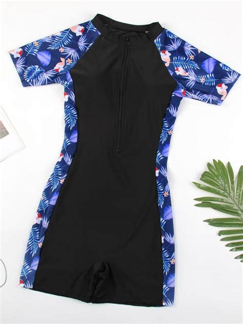 Tropical Print Zipper Front One Piece Swimsuit Shein Uk
