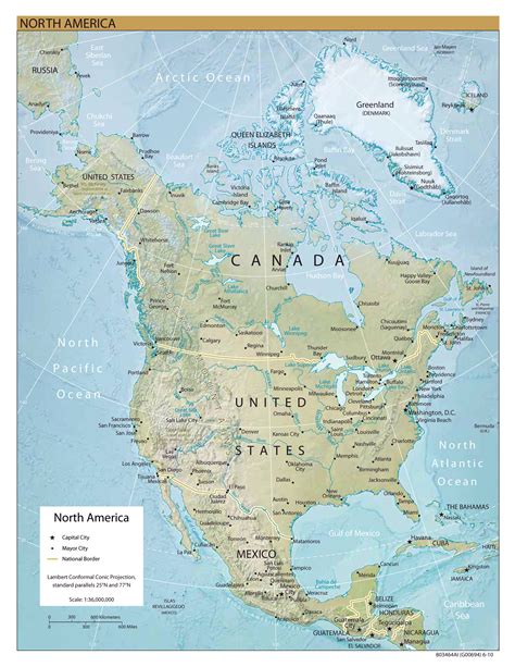 Large Detailed Relief Map Of North America North America