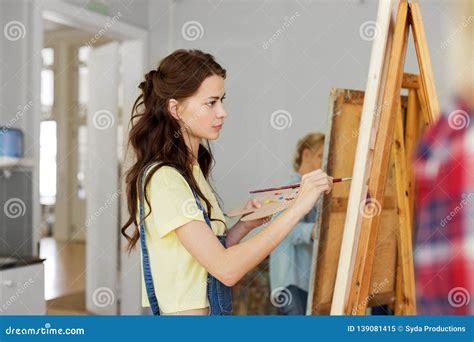 Woman With Easel Painting At Art School Studio Stock Image Image Of