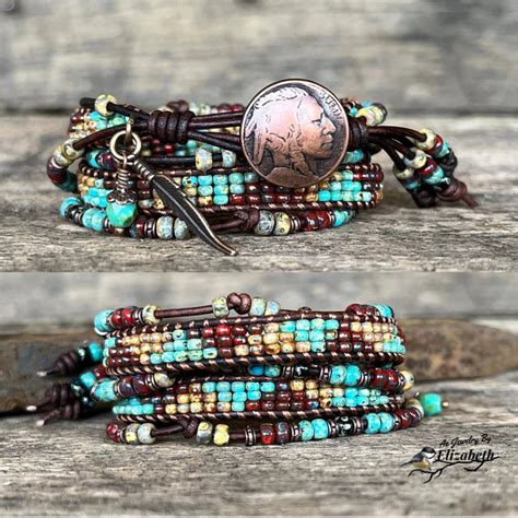 Native American Style Leather Wrap Bracelet Beaded Double Wrap