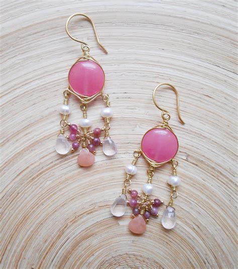 Plumeria Bridal Gemstone Chandelier Earrings Pink Peach Dangle Etsy