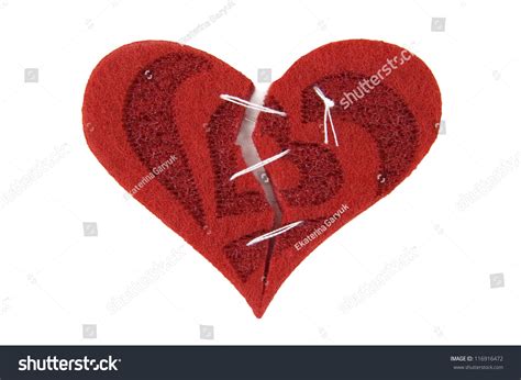 Broken Textile Heart Cut Into Parts And Sewed Together Isolated On