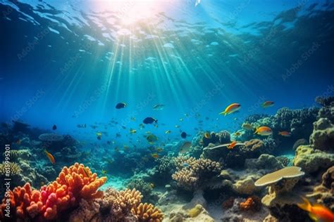 Vibrant Underwater World With Colorful Marine Life And Coral Reefs