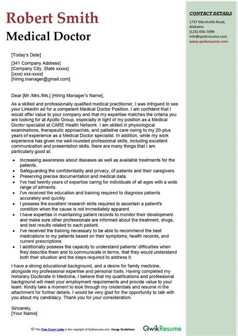 Medical Doctor Cover Letter Examples Qwikresume