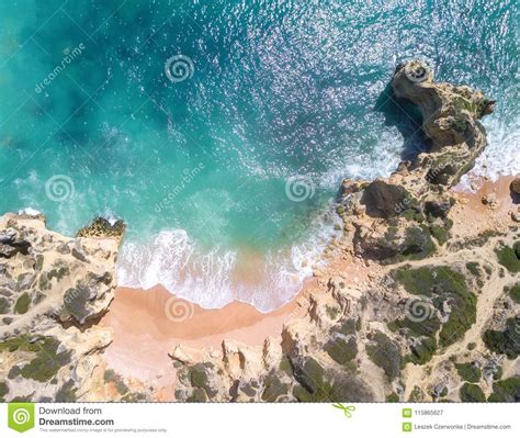 Aerial View Of Sandy Beach And Ocean With Beautiful Clear Turquoise