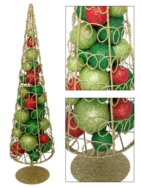 Bauble Filled Gold Glitter Wire Cone Table Top Tree 45cm