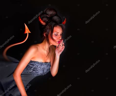 Sexy Devil Woman With Tail Horns And Red Skin Whispering Somethi ⬇