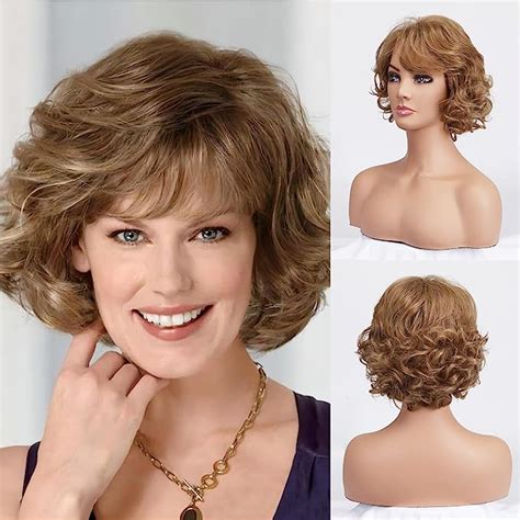 Bestung Brown Short Curly Wavy Wig With Hair Bangs For Middle Aged Women 100 Imported Premium